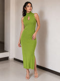 women's Green sleeveless Ribbed Midi Dress