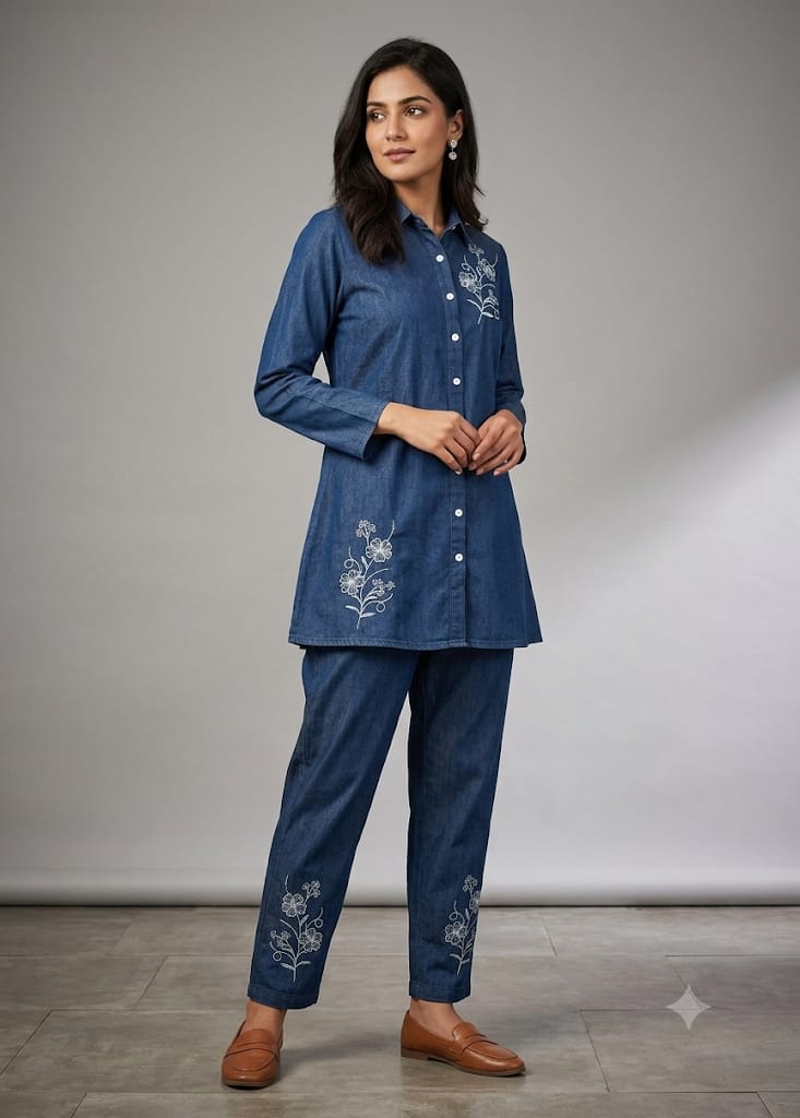 Denim Blue Embroidered Co-Ord Set